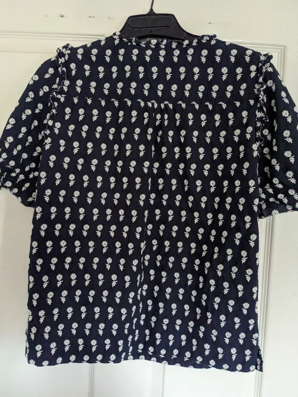 J. Crew Navy and White Floral Tie-Neck Short Sleeve Blouse